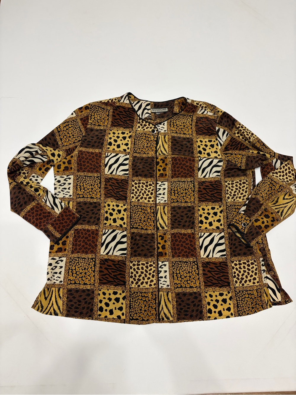 Notations Women’s Animal Patchwork Button-Down Shirt Brown, Gold, Black vintage